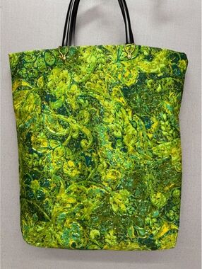 Vintage 1960s Mod Psychedelic Green Paisley Handbag W/ Black Hard Vinyl Handles